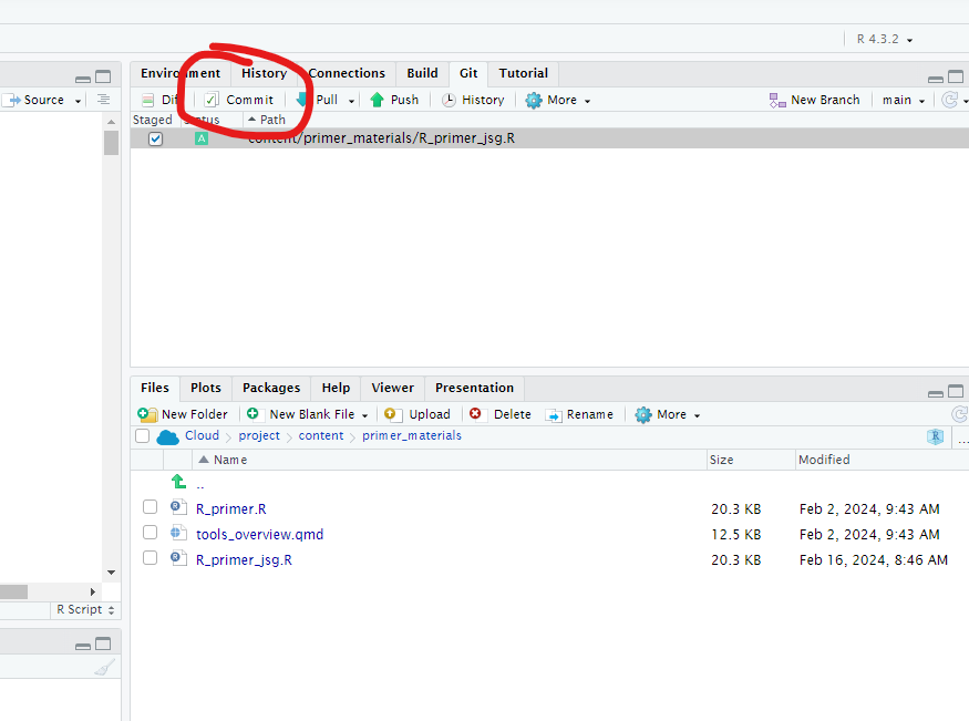Image of git window with box next to one file checked. Commit button is circled.